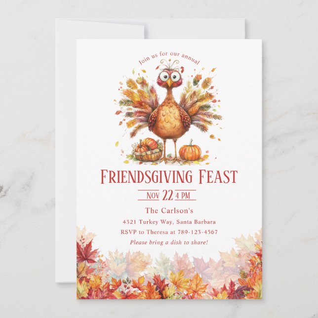 Friendsgiving Thanksgiving Cute Turkey Inbjudningar (Framsida)