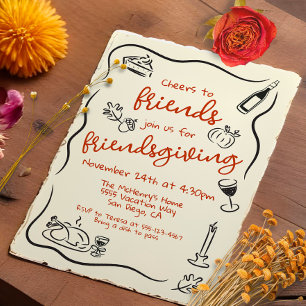 Friendsgiving Thanksgiving Hand plockade Doodle Inbjudningar