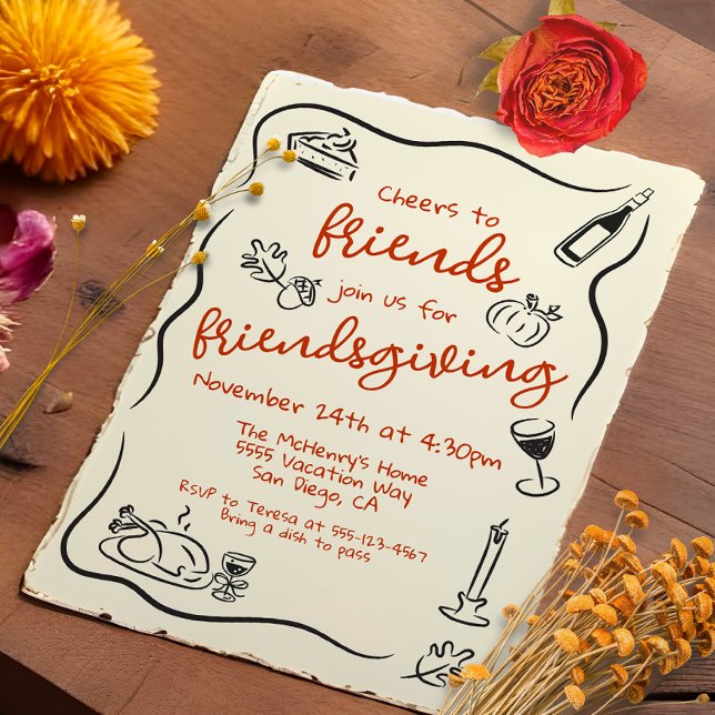 Friendsgiving Thanksgiving Hand plockade Doodle Inbjudningar (Skapare uppladdad)