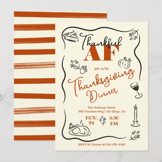 Friendsgiving Thanksgiving Thankful AF hand plocka Inbjudningar (Fram/baksida)