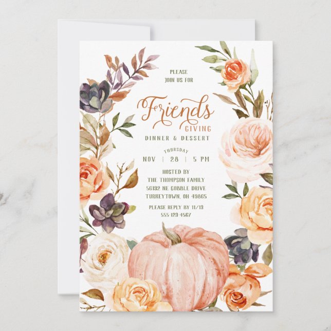 Friendsgiving Watercolor Blommigt Pumpkin-inbjudan Inbjudningar (Framsida)