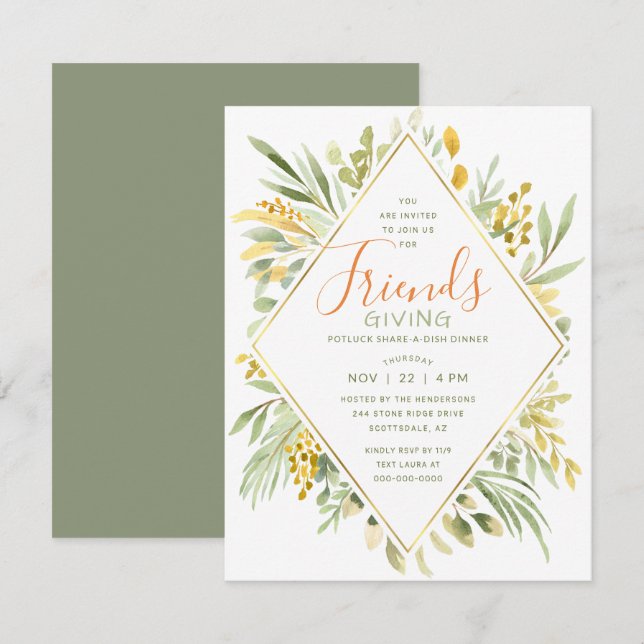 Friendsgiving Watercolor Elegant Greenery Inbjudningar (Fram/baksida)