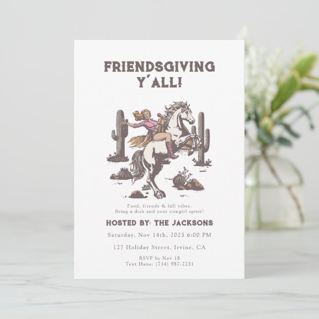 Friendsgiving Y’all Invitation Retro Cowgirl  Inbjudningar (Stående Fram)
