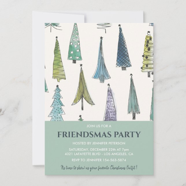 Friendsmas Invitations Cute Julgranar grönt Inbjudningar (Framsida)