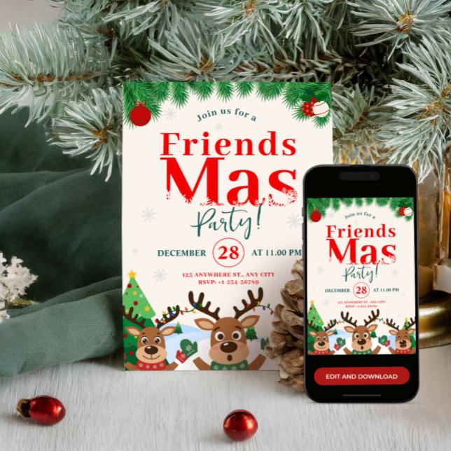 Friendsmas julfirande Julfest Söt Ren Inbjudningar (Friendsmas Christmas Holiday Party Cute Reindeer Invitation)