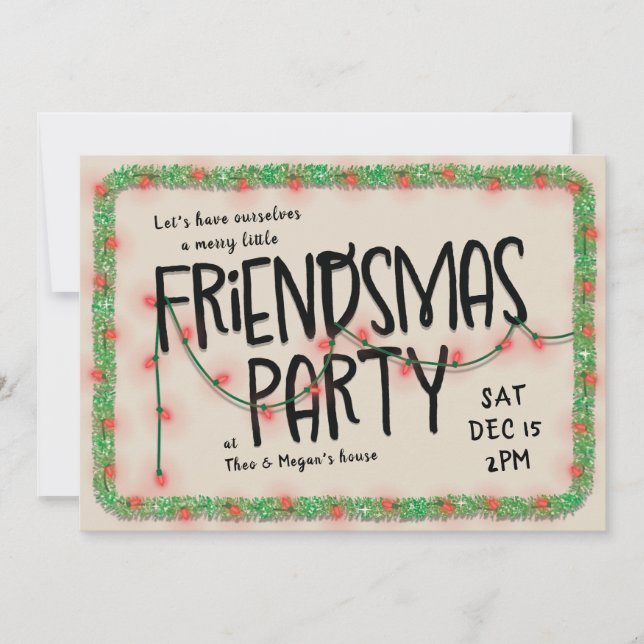 Friendsmas Party Inbjudan | String Ljus & Garland (Framsida)