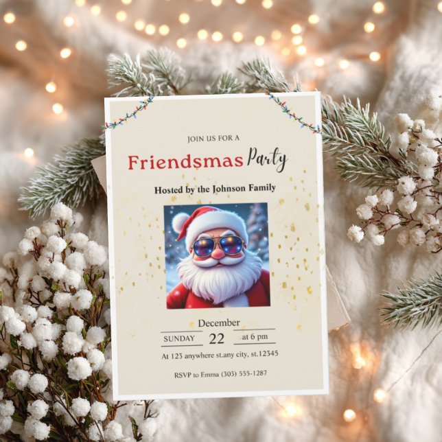 Friendsmas Party Invitation • Funny Christmas  Inbjudningar (Friendsmas party invitation card with Santa design on cozy winter background and soft lights.)