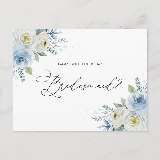 Frieri av vattenfärgen Blue & Ivory Ro Bridesmaid Vykort (Framsida)