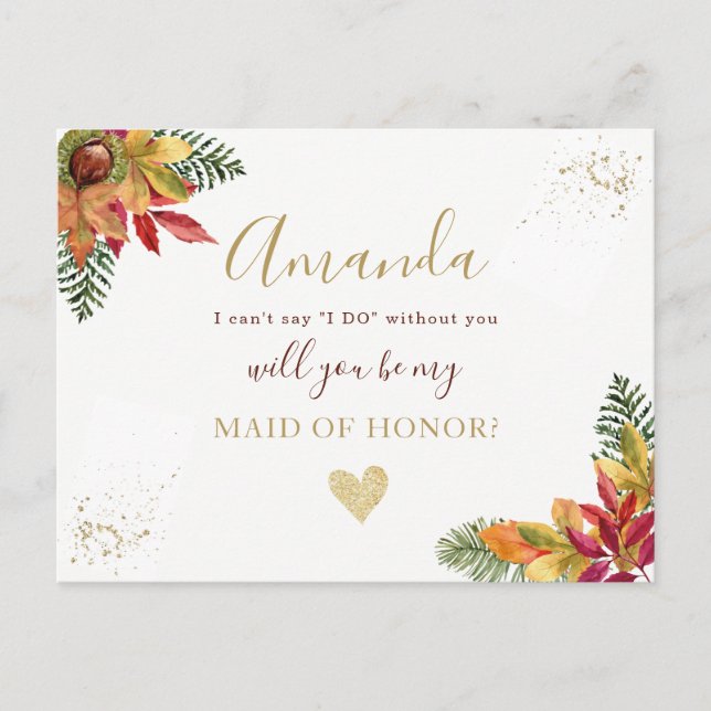 Frieri hösten Maid of honor eller BRIDESMAID Inbjudan Vykort (Framsida)