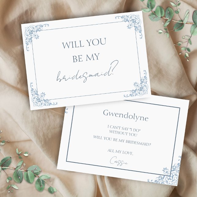Frieri kort för chic Blue and White Bridesmaid (Elegant blue and white shabby chic chinoiserie will you be my bridesmaid bridal proposal card)