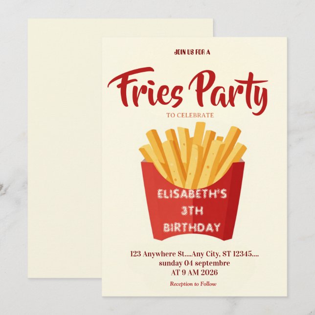 Fries Restaurant Birthday Party Invitation Inbjudningar (Fram/baksida)