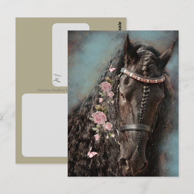 Friesian-häst - vykort (Fram/baksida)
