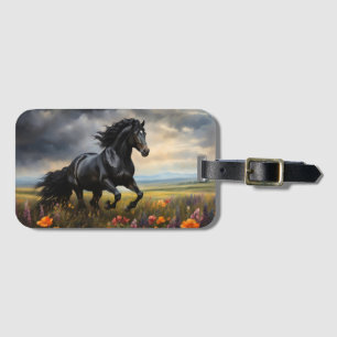 Friesian Horse Galloping Wildblommor Bagagebricka
