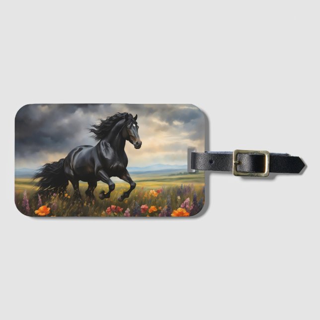 Friesian Horse Galloping Wildblommor Bagagebricka (Framsida horisontal)