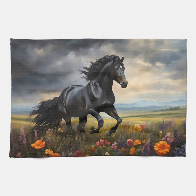 Friesian Horse Galloping Wildblommor Kökshandduk (Horisontell)