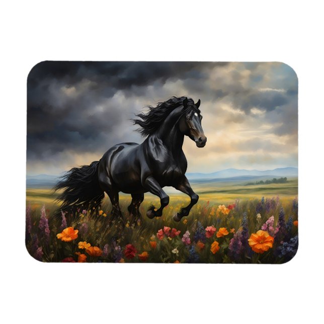 Friesian Horse Galloping Wildblommor Magnet (Horisontell)