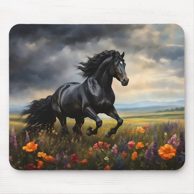 Friesian Horse Galloping Wildblommor Musmatta (Framsidan)