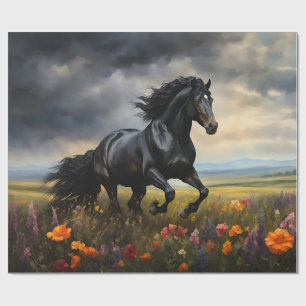 Friesian Horse Galloping Wildblommor Presentpapper