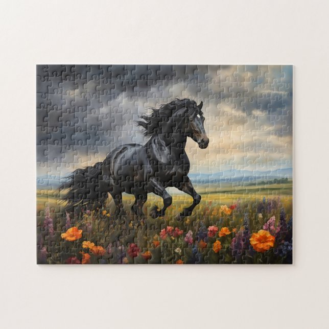 Friesian Horse Galloping Wildblommor Pussel (Horisontell)
