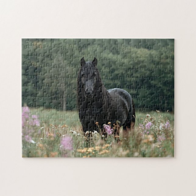 Friesian Horse in a Wildblomma Fält Pussel (Horisontell)