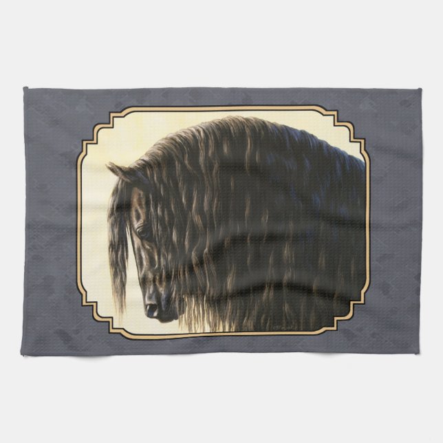 Friesian Horse Mörk Slate Grått Kökshandduk (Horisontell)