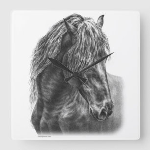 Friesian Horse Porträtt Vågigt Mane Fyrkantig Klocka