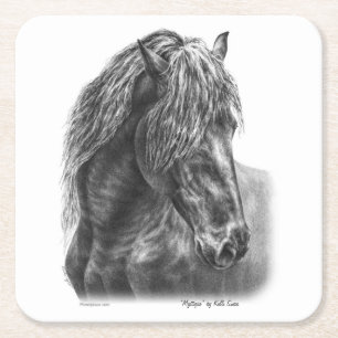 Friesian Horse Porträtt Vågigt Mane Underlägg Papper Kvadrat