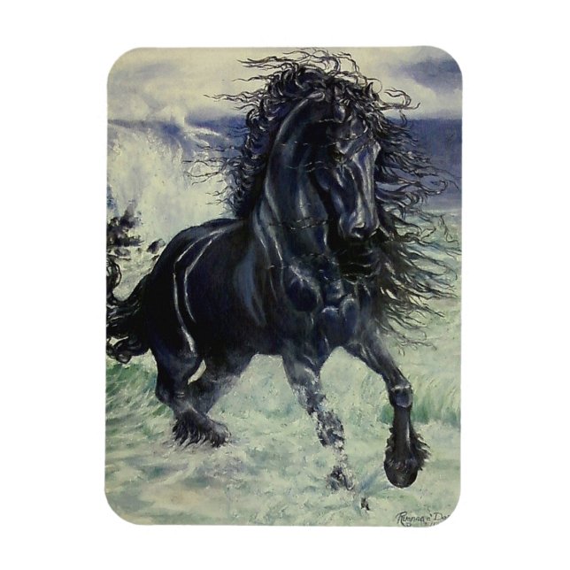 "Friesian Storm" svart hingst i havsvatten Magnet (Vertikal)