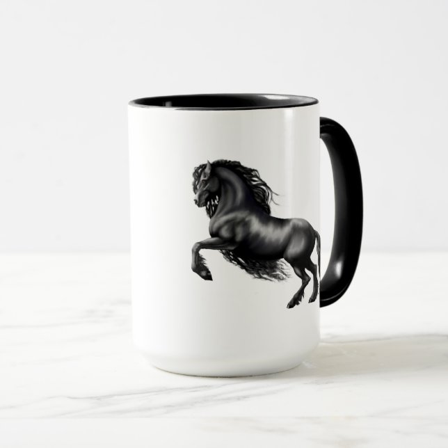 Friesian svart hingsthäst, den svart skönheten mugg (Framsida höger)