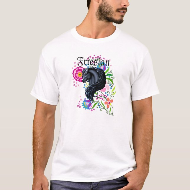 Friesianhäst, hingst, folkblommor t shirt (Framsida)