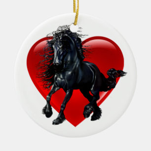 Friesianhäst, svart hingst, svart skönhethjärta julgransprydnad keramik