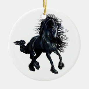 Friesianhäst, svart hingstskönhet julgransprydnad keramik