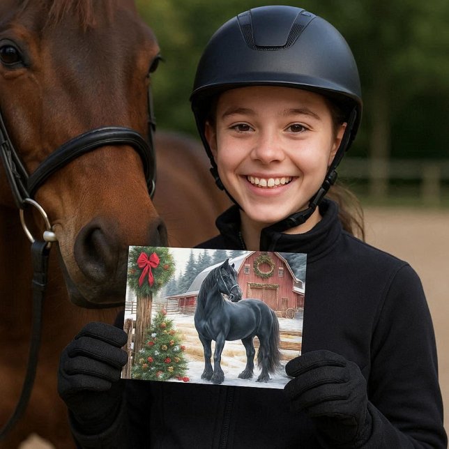 Friesisk häst God Jul  Vykort (Christmas postcard featuring a Friesian horse, ideal for any horse enthusiast.)