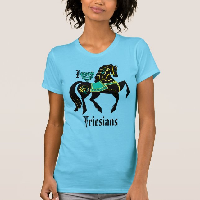 Friesisk svart hingst/bläckskönhet, guld/turkos t shirt (Framsida)