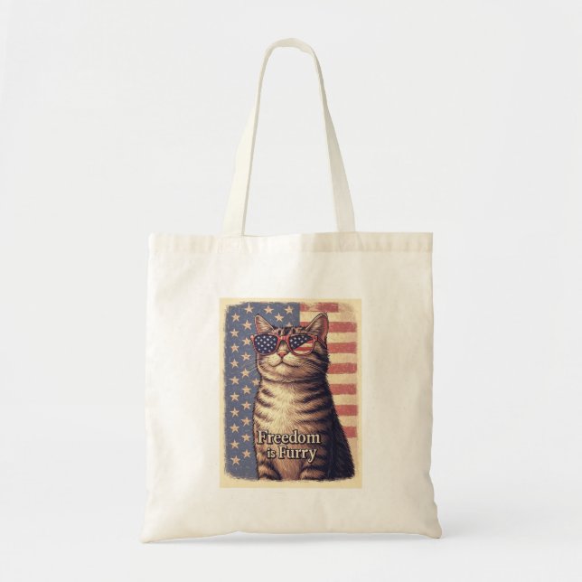 Frihet är Hårig - Retro Patriotic Cat Tote Bag Tygkasse (Framsidan)