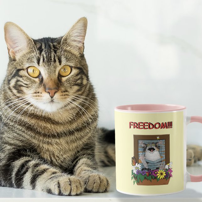 Frihet Flykt Rolig Katt Gul Blommig Fönster Mugg (Skapare uppladdad)