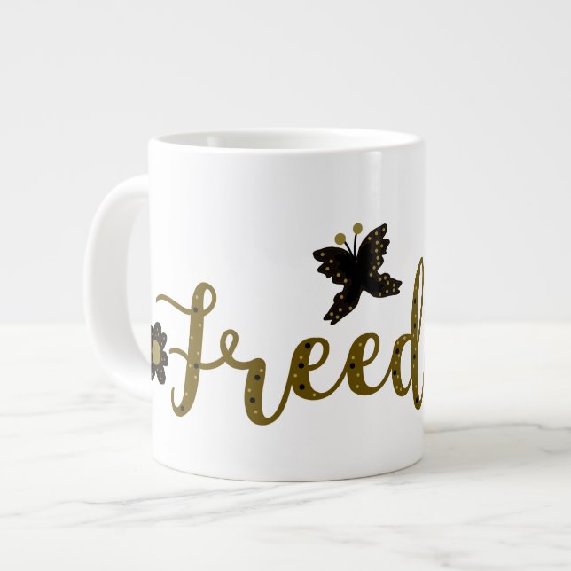 Frihet Guld Boho Vår Fjäril Kalligrafi Jumbo Mugg (Framsida vänster)