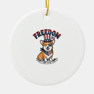 Frihet Patriotisk Corgi Vintage Gravyr T-Shirt_ Julgransprydnad Keramik