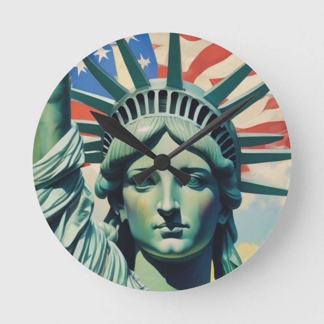 Frihetsgudinnan & American Flagga Art New York Rund Klocka (Framsida)