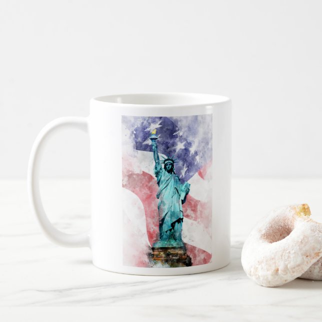 Frihetsgudinnan med flagga vattenfärg kaffemugg (Med munk)