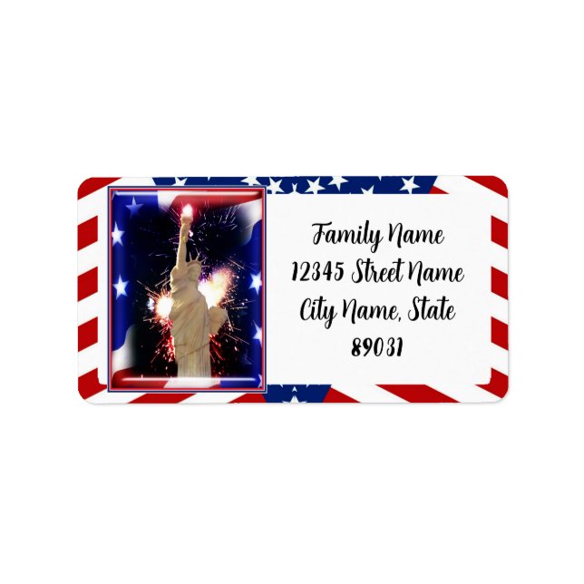 Frihetsgudinnan med fyrverkerier för självständigh adressetikett (Framsidan)