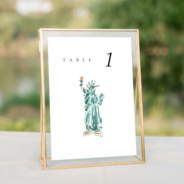 Frihetsgudinnan New York Bröllop Bordsnummer (Watercolor Statue of Liberty New York City Skyline wedding table number sign.)
