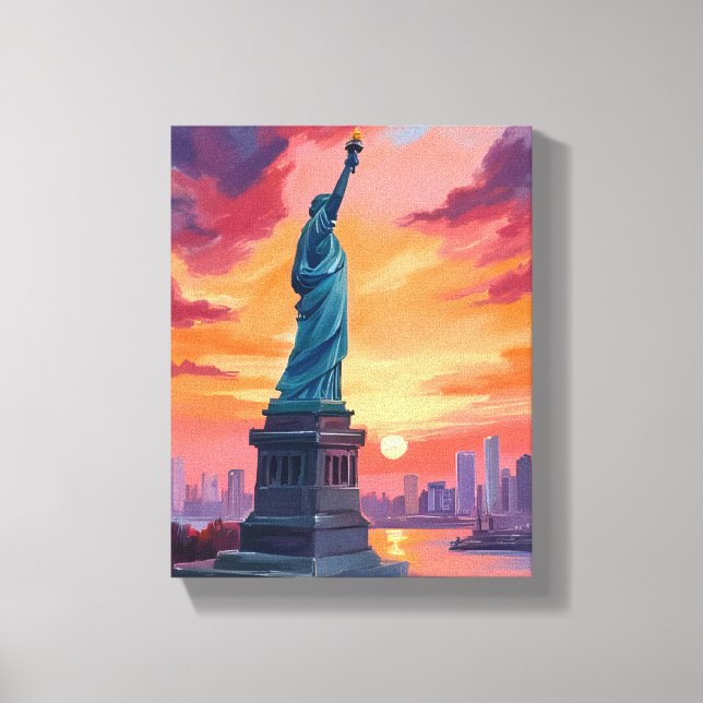 Frihetsgudinnan NYC Siluett Solnedgång Akvarell Canvastryck (Framsida)
