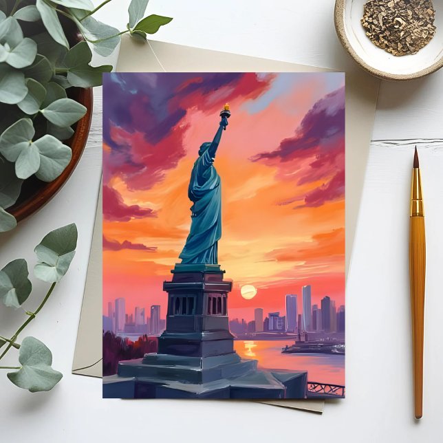Frihetsgudinnan NYC Skyline Sunset Watercolor Vykort (Skapare uppladdad)