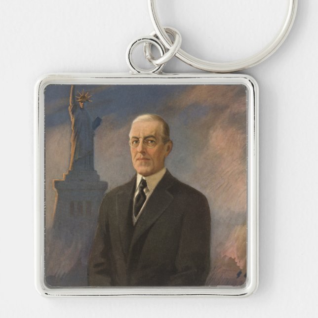 Frihetsgudinnan & President Woodrow Wilson Fyrkantig Silverfärgad Nyckelring (Framsidan)