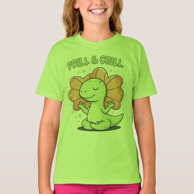 Frill & Chill Kawaii Dilophosaurus Dinosaur Zen Yo T Shirt (Framsida)