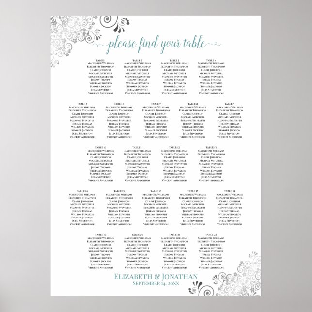 Frilly 22 Bord Bröllop-sätesdiagram vit och skalad Poster (Framsidan)