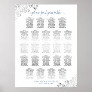 Frilly 23 Bord Blue & White Bröllop Seating Chart Poster