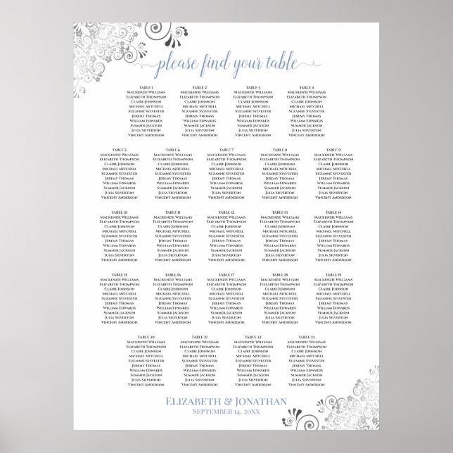 Frilly 23 Bord Blue & White Bröllop Seating Chart Poster (Framsidan)