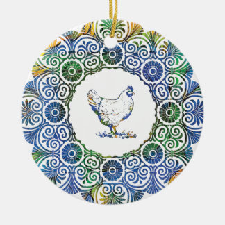 Frilly Chicken i Blue och Grönt Julgransprydnad Keramik